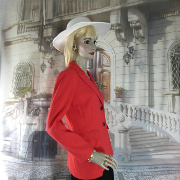 St. John 2-Pc Set Suit Sz 8 Coral Jacket Silver & Black Enamel Buttons Black Skt - Picture 9 of 10